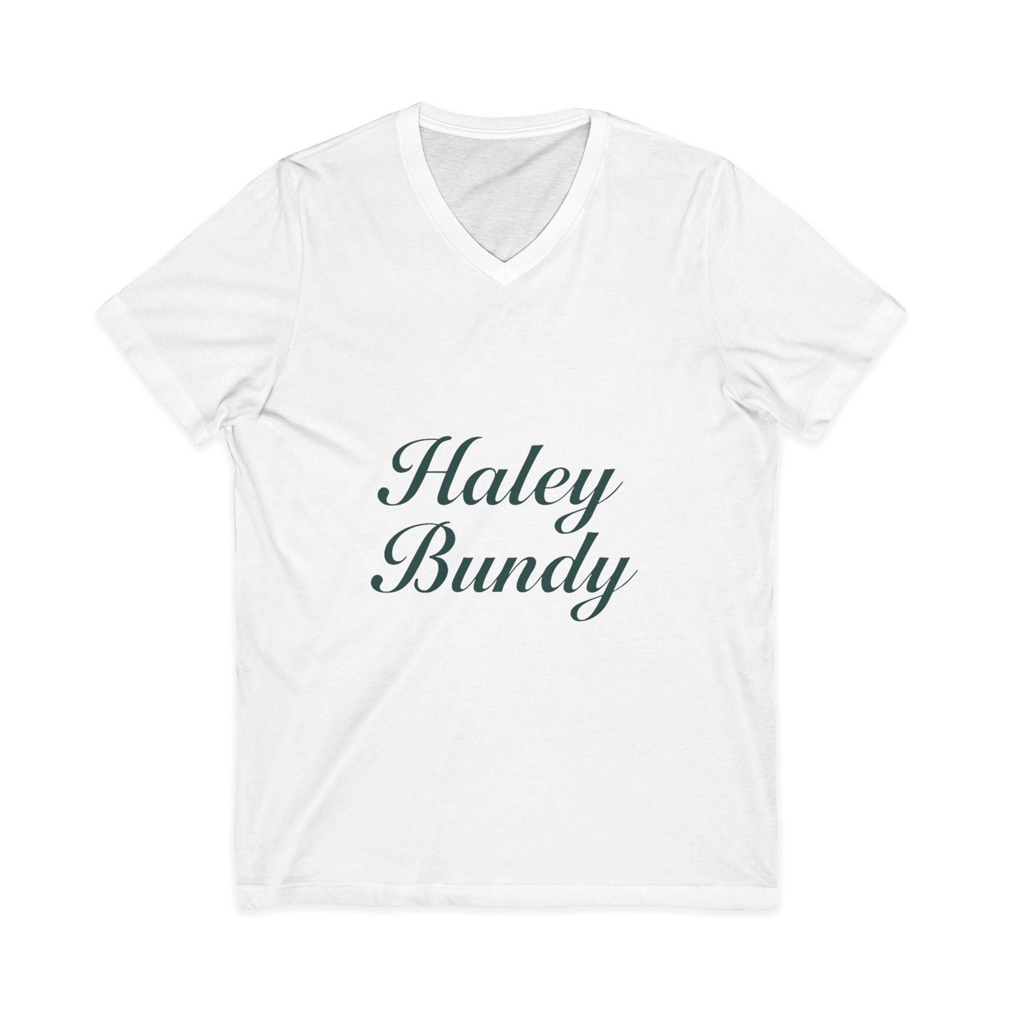 Name Script V-Neck Tee — "Haley Bundy" Personalized Serif Shirt